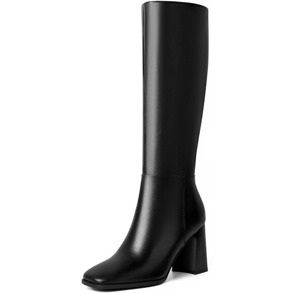 Women's Black Leather Square Toe Chunky Block Heel Side Zipper Long Dress Boots